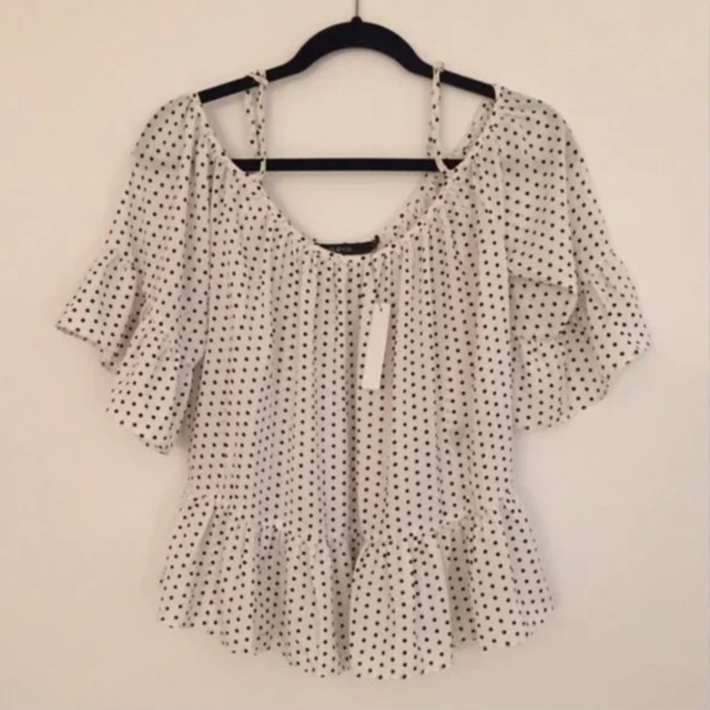 Nasty Gal White Polka Dot Cold Shoulder Ruffle Blouse Top [NWT] [Small]